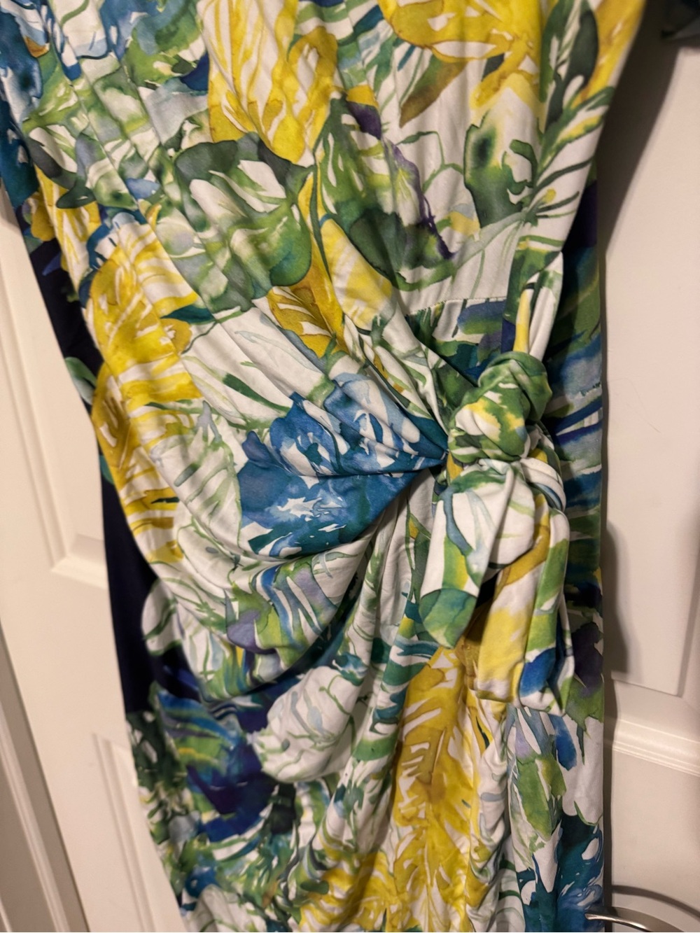 Chico's Twist-Front Tropical Floral Dress - Blue Yellow Midi Sz 1 (Small) - Picture 6 of 11